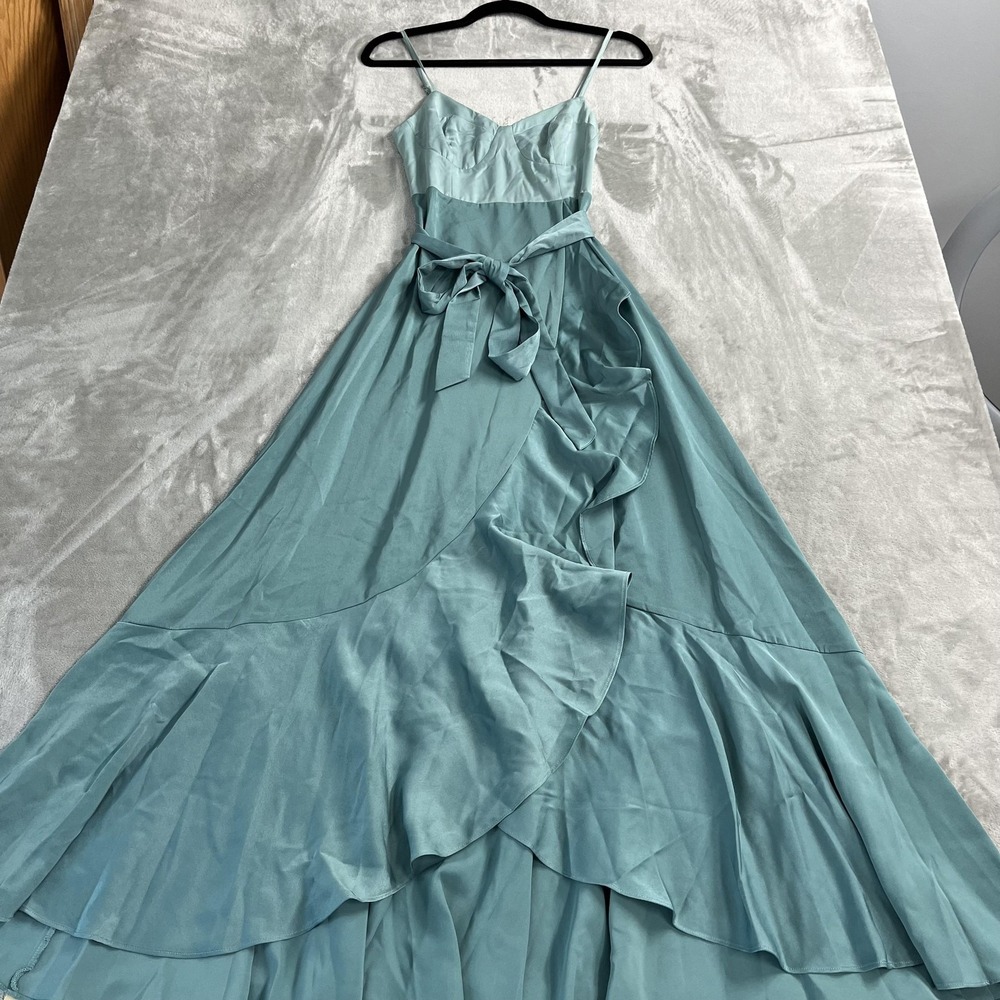 Lulus Dress Womens XS Blue Ruffle Wrap Maxi Sweetheart Belted‎ Formal Evening